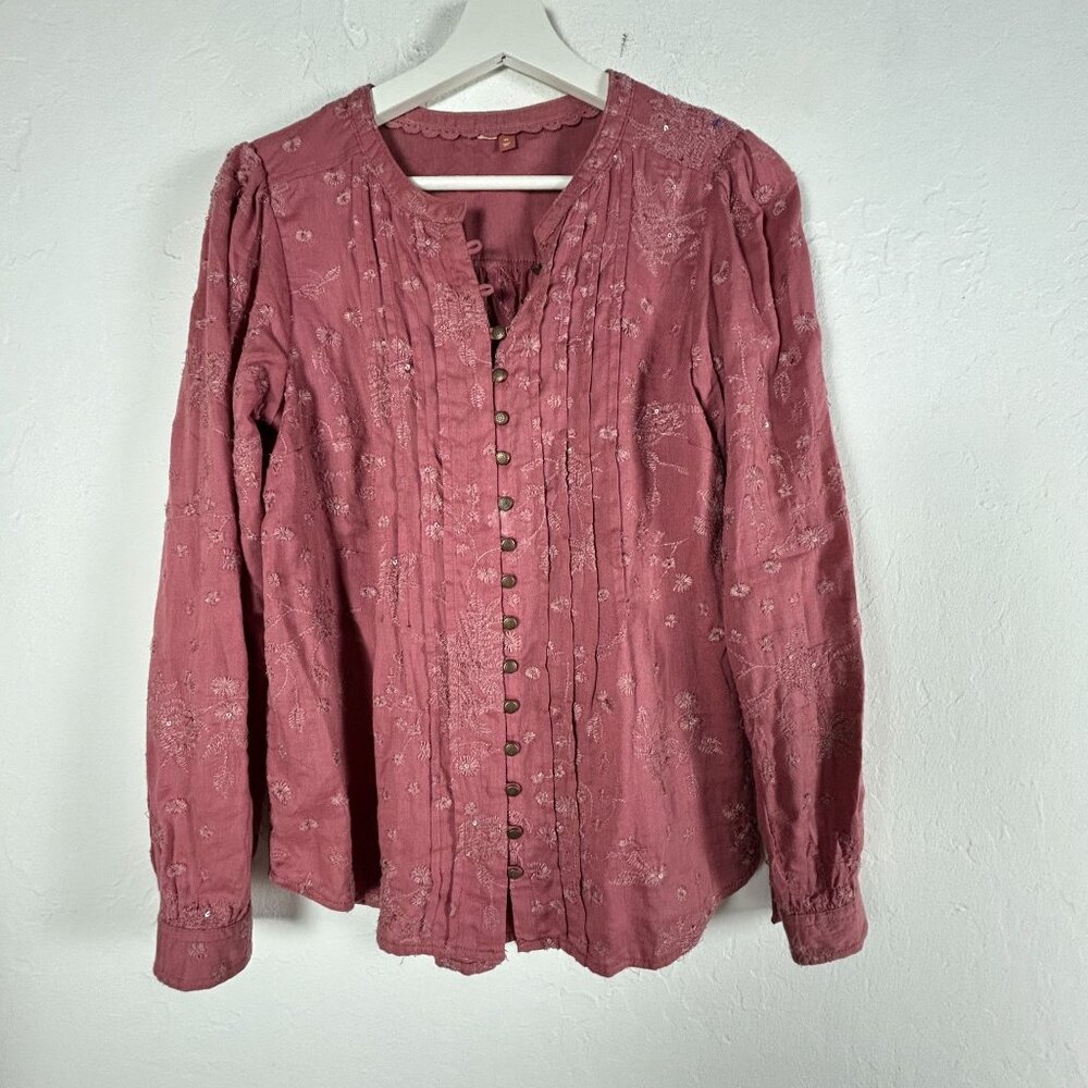Anthropologie Pilcro Womens Button Up Embroidered Floral Top XS Pink Long Sleeve